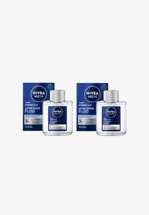 NIVEA Men Hydrocare After Shave Fluid in clear glass bottles, square shape with blue caps, featuring a blue box with white text.