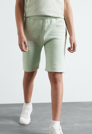 Pantalones cortos de sudadera verde menta con cinturilla elástica, con un pequeño detalle de logo blanco. Combinados con zapatillas blancas y calcetines hasta el tobillo.