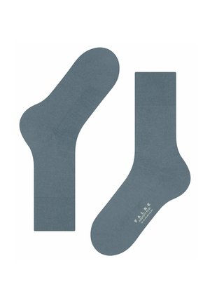 Paar blaue Baumwollsocken mit glatter Textur, gerippten Bündchen und nahtlosem Zehendesign. Mit Markenlogo in der Nähe des Knöchels.