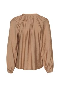 Pikad varrukad blouse pehmest beežist kangast, ümara kaelusega ja volditud detailidega seljal, millel on elastsed mansetid.
