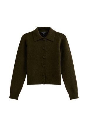 Cardigan verde oliva scuro con bottoni, maniche lunghe, collo e polsini e orlo a coste.