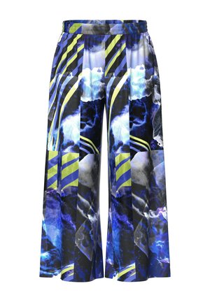 Bredde benbukser i en livlig blå, sort og hvid abstrakt print med grønne og sorte stribede detaljer samt en elastisk talje.