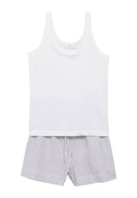 Hvid tanktop og sæt med grå stribede shorts. Tanktoppen har en rund halsudskæring; shortsene har en elastisk talje og løs pasform. Materialet er bomuld.