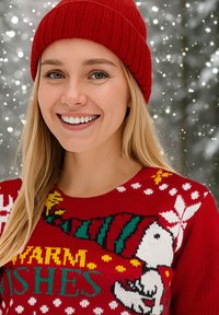 Maglione rosso lavorato a maglia con un design di pupazzo di neve e accenti verdi e gialli. Il modello indossa un berretto rosso a costine abbinato.