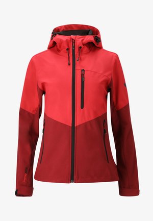 Rote Softshelljacke mit Kapuze, ausgestattet mit einem kontrastierenden dunkleroten unteren Abschnitt, schwarzen Reißverschlüssen und verstellbaren Kordeln. Wasserdichtes Material.