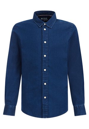 Granatowa, ciemnoniebieska koszula dżinsowa z długim rękawem, zapinana na białe guziki, z klasycznym kołnierzem, pokazana z przodu na białym tle.