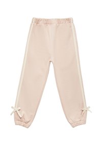 Pantalones de chándal rosas con rayas blancas a los lados, cinturilla elástica y puños fruncidos que cuentan con pequeños lazos en cada tobillo. Material suave de punto.