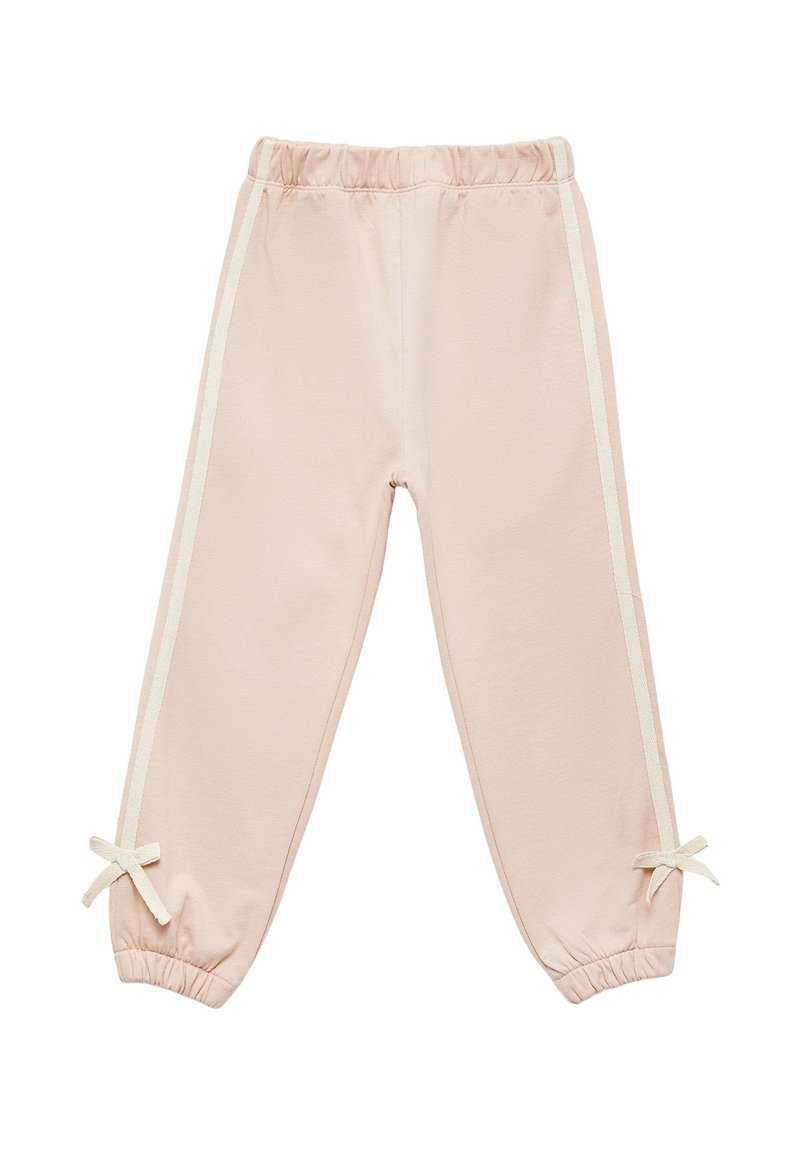 Pantalones de chándal rosas con rayas blancas a los lados, cinturilla elástica y puños fruncidos que cuentan con pequeños lazos en cada tobillo. Material suave de punto.