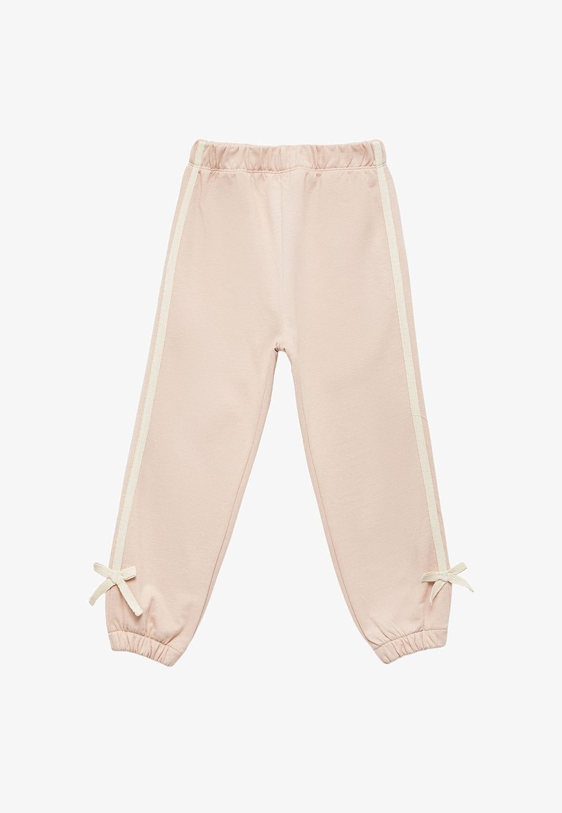 Pantalones de chándal rosas con rayas blancas a los lados, cinturilla elástica y puños fruncidos que cuentan con pequeños lazos en cada tobillo. Material suave de punto.