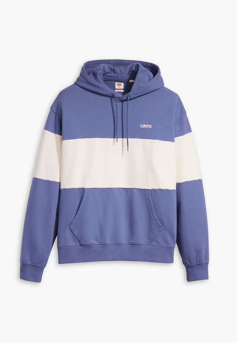 Sweat à capuche bicolore bleu et blanc avec poche frontale, capuche à cordon de serrage et petit logo blanc Levi's sur la poitrine.