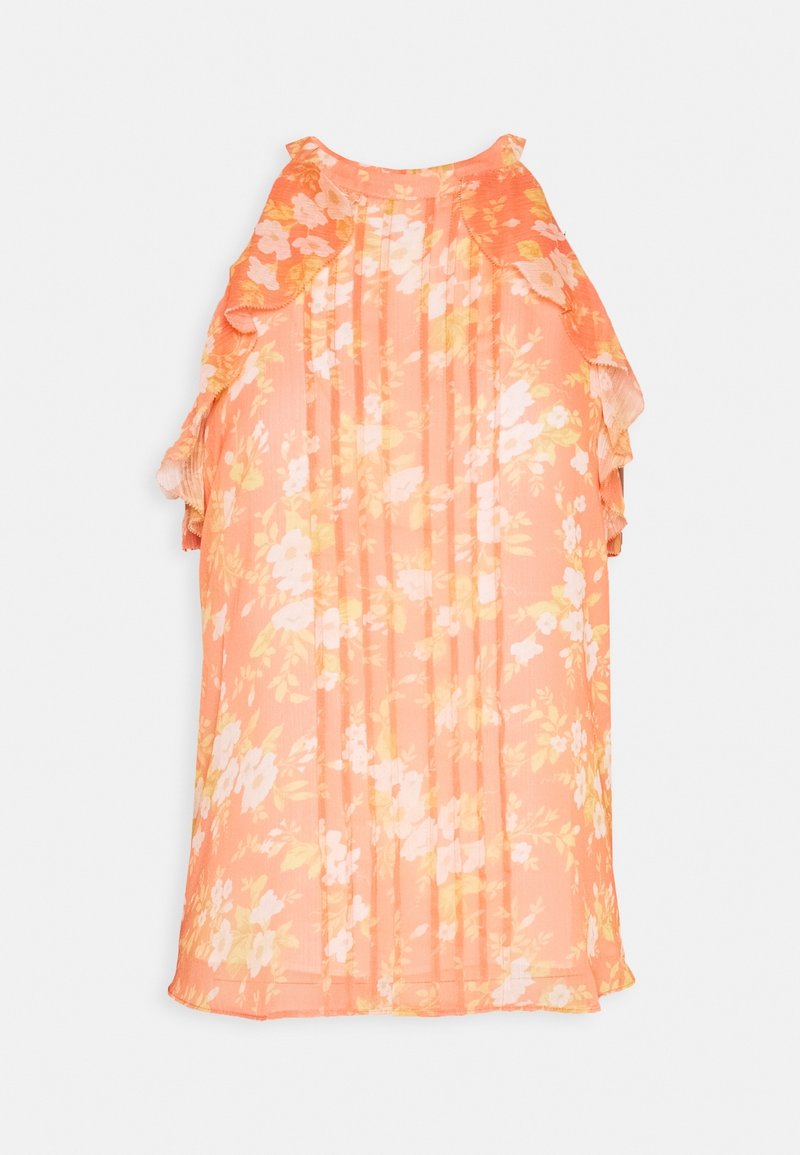 Robe corail sans manches avec un motif floral blanc et jaune, présentant des détails volantés le long des emmanchures.