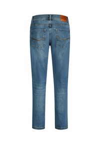 Blauwe denim jeans met een rechte pijp, voorzien van twee achterzakken en een tan leren label op de tailleband. Gestructureerde stof met een lichte vervaging.