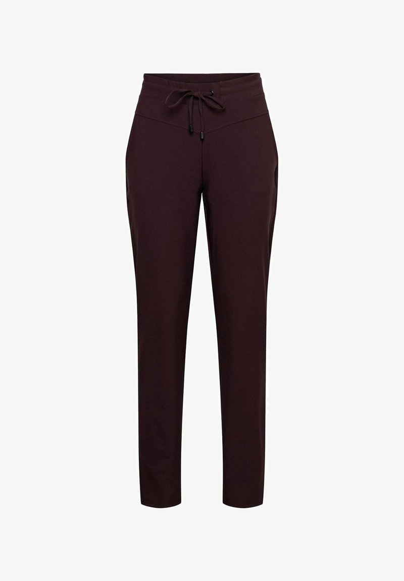 Bordeaux zachte stoffen broek met een tailleband met trekkoord, taps toelopende benen en een gladde textuur; geen zichtbare zakken.