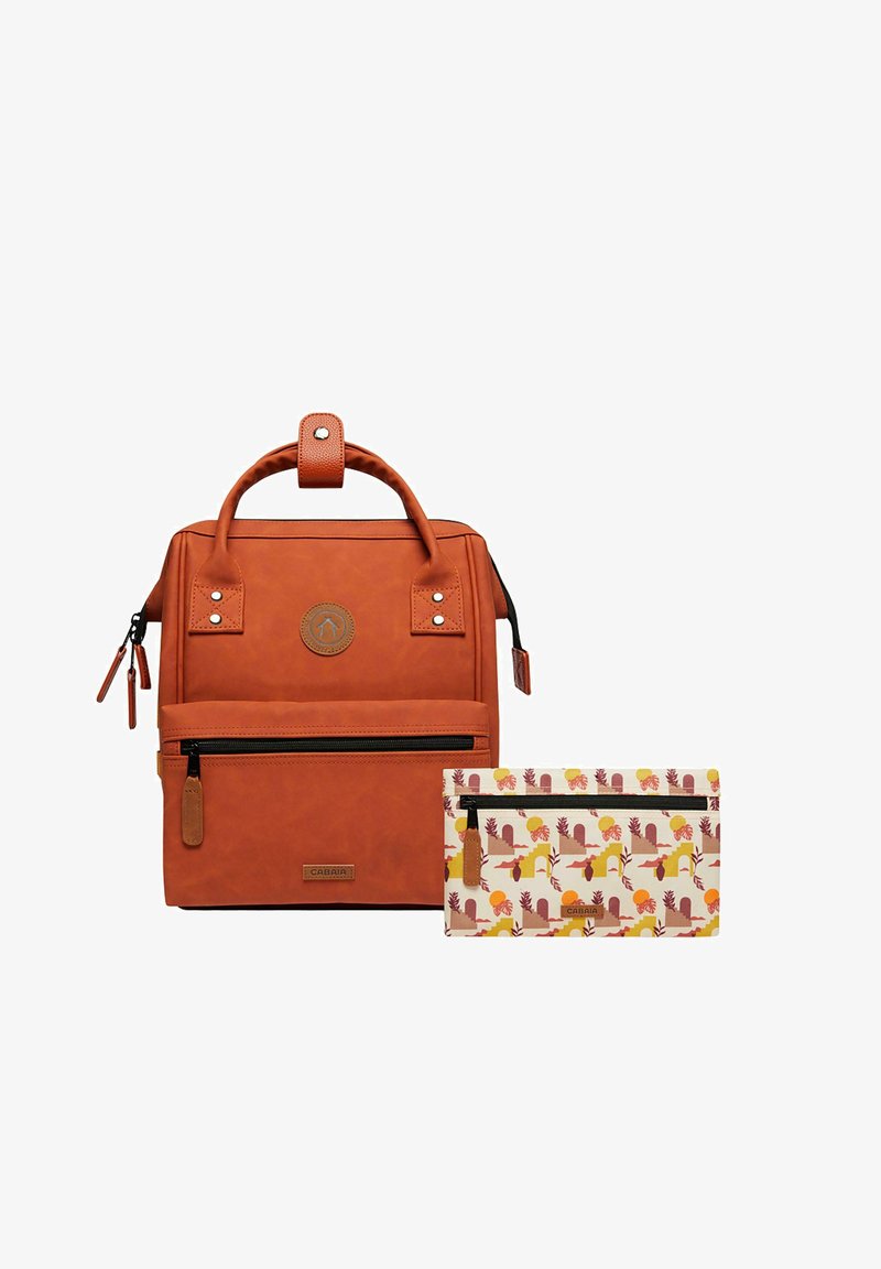Orange leather backpack with top handle, front zip pocket, and a patterned pouch featuring yellow and red botanical designs.