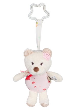 Soft white teddy bear toy with pink flower on ear, light pink heart-patterned outfit, and white star-shaped clip for hanging.