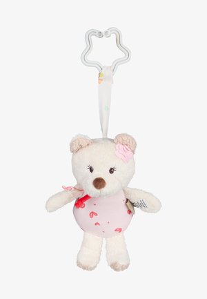 Soft white teddy bear toy with pink flower on ear, light pink heart-patterned outfit, and white star-shaped clip for hanging.