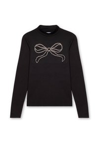 Top negro de manga larga con cuello tipo alto, que presenta un diseño de lazo adornado con perlas en la parte frontal. Tejido suave con una forma ajustada.