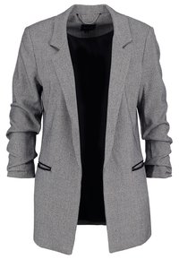 Szary marynarka z teksturowanej tkaniny, z klapami w kształcie litery V i podwiniętymi rękawami. Posiada dwie przednie kieszenie z czarnymi akcentami oraz czarną podszewkę.