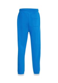 Blaue Baumwoll-Jogginghosen mit elastischem Bund, schmal zulaufenden Beinabschlüssen und einer Gesäßtasche zur Aufbewahrung. Angenehme Textur und lebendige Farbe.