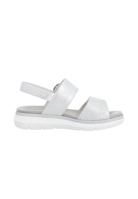 White sandals with perforated synthetic upper, two adjustable cross-straps, cushioned footbed, and a lightweight white sole.