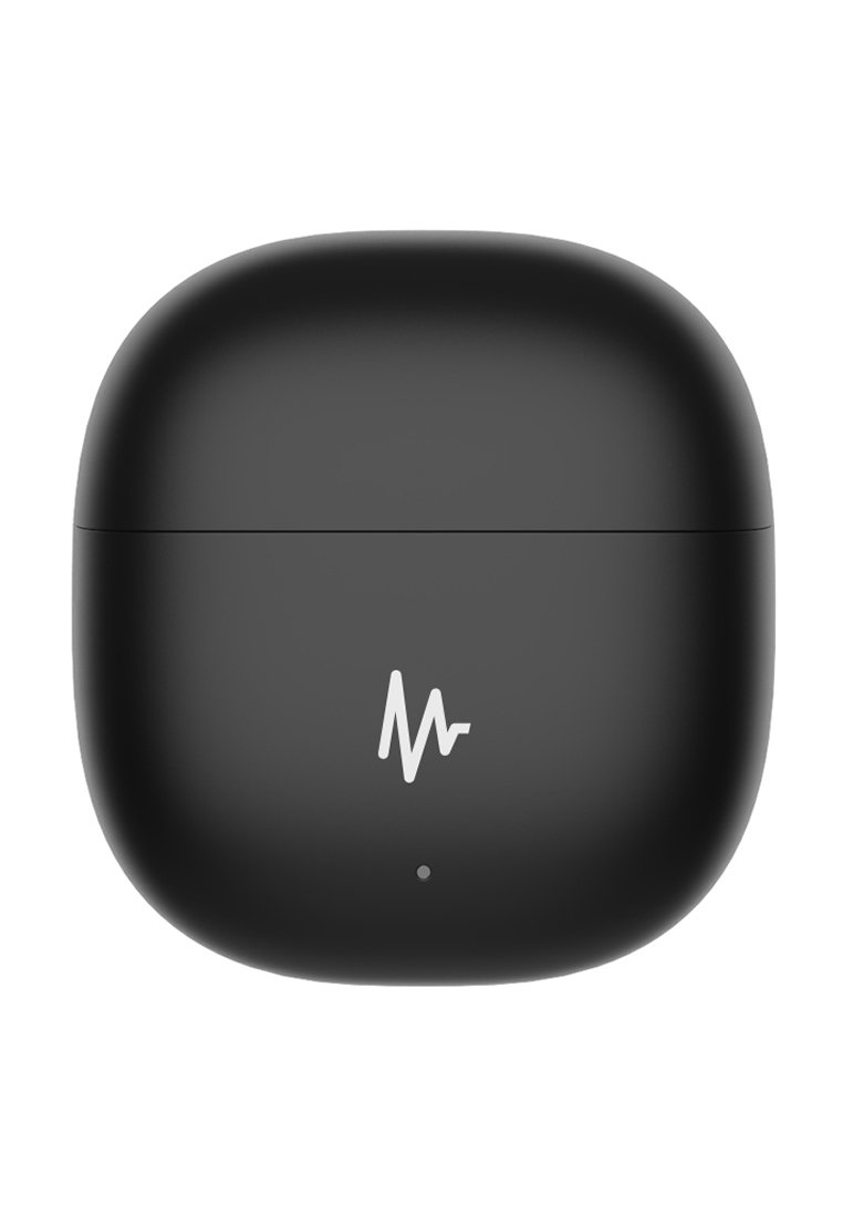 Schwarzes kabelloses Ohrhörer-Case mit abgerundeten Kanten, ausgestattet mit einem weißen Schallwellen-Logo und einer kleinen LED-Anzeige auf der Vorderseite.