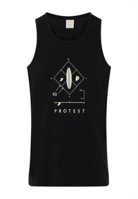 Canottiera nera in cotone con un design geometrico bianco, grafica di una bussola e di una tavola da surf, e la scritta "PROTEST" sotto.