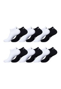 Douze paires de chaussettes de cheville en noir et blanc alternés, disposées en deux rangées sur un fond blanc, avec un petit logo près des orteils.