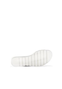 Sole of a white sneaker, flat design with textured grooves running horizontally and vertical ridges at the toe for grip and flexibility.