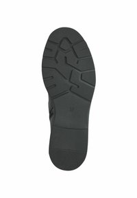 Semelle d'une chaussure : en caoutchouc noir avec un motif de grip texturé et une taille 37 en relief. La forme présente des rainures de semelle distinctes pour l'adhérence.