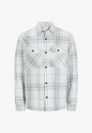 Plaid shirt in light gray and blue tones, featuring two chest pockets, button-down front, and long sleeves. Soft fabric with a textured finish.