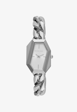 Zilveren Michael Kors polshorloge met een zeshoekige wijzerplaat en een grove schakelkettingarmband, minimale uurmarkeringen en drie wijzers.