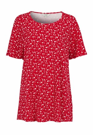 Rød kortærmet skjorte med lille hvidt blomsterprint, rund halsudskæring og afslappet pasform.