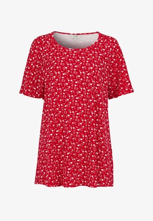 Rotes Kurzarmhemd mit kleinem weißen Blumenmuster, rundem Ausschnitt und lockerem Schnitt.