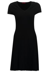 Robe noire en maille à manches courtes avec encolure en V et motif côtelé vertical subtil, longueur genou, cintrée à la taille.