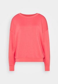 Korallenrotes Sweatshirt mit langen Ärmeln, rundem Ausschnitt und gerippten Bündchen. Weicher Stoff mit lockerem Schnitt, durchgehend einfarbig.