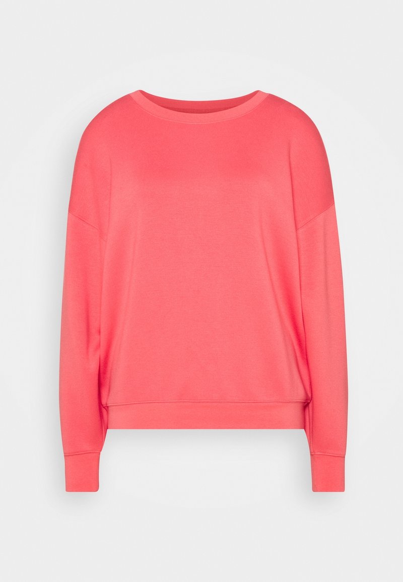 Korallenrotes Sweatshirt mit langen Ärmeln, rundem Ausschnitt und gerippten Bündchen. Weicher Stoff mit lockerem Schnitt, durchgehend einfarbig.