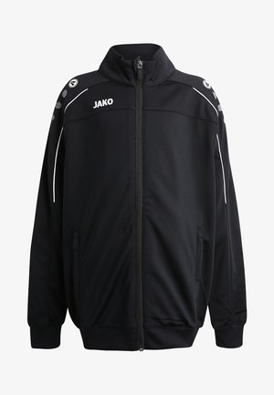 Zwarte sportjas met hoge kraag, rits aan de voorkant, witte accenten en zijzakken. Voorzien van een logo op de borst en een gestreept schouderdetail.