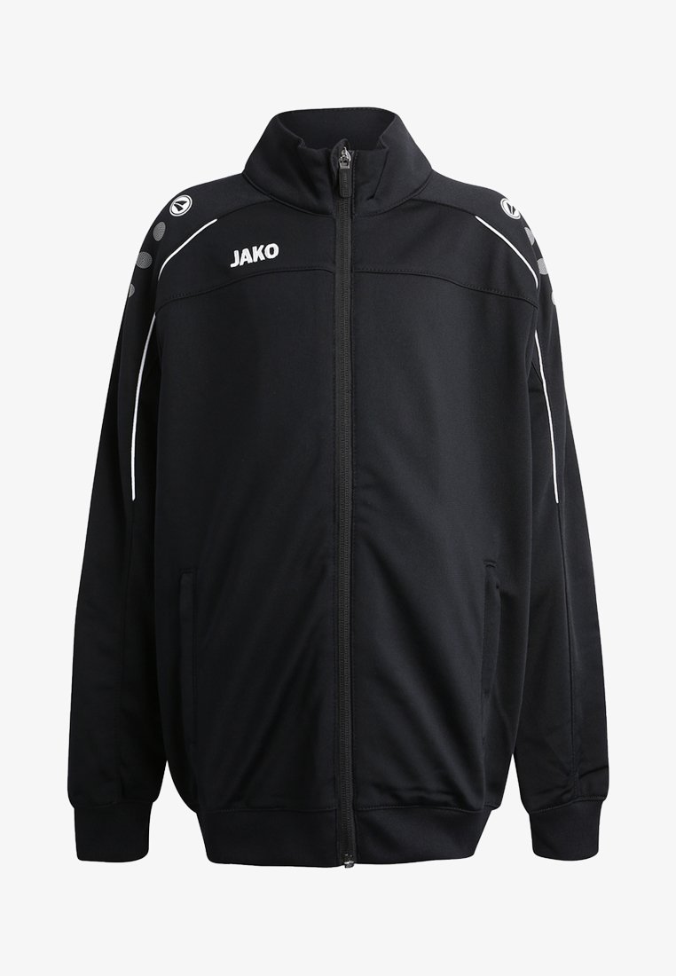 Black sports jacket with a high collar, front zip, white accents, and side pockets. Features logo on chest and patterned shoulder detail.