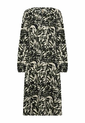 Langdriekorte jurk met een zwart, wit en olijfgroen abstract patroon. Ruime pasvorm met ronde hals en gathered mouwen.