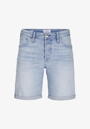 Lyseblå denimshorts med brett hem, fem lommer, subtil bleking og et merket skilt på midjebåndet.