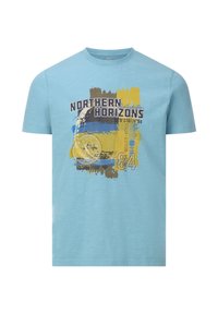 Light blue short-sleeve t-shirt with "Northern Horizons" text and abstract yellow, brown, and blue graphic design on front.