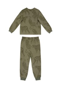 Cotton loungewear set featuring long-sleeve top and pants. Olive green with a repeated tiger print in a darker shade. Elastic waistband.