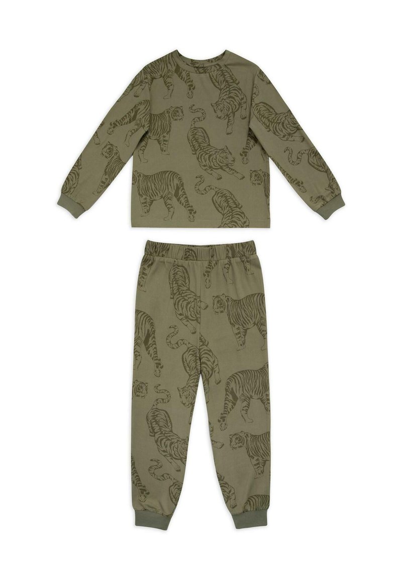 Cotton loungewear set featuring long-sleeve top and pants. Olive green with a repeated tiger print in a darker shade. Elastic waistband.