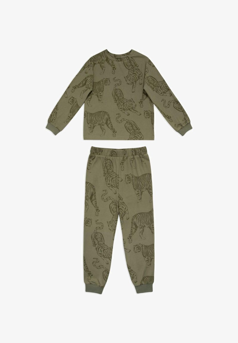 Cotton loungewear set featuring long-sleeve top and pants. Olive green with a repeated tiger print in a darker shade. Elastic waistband.