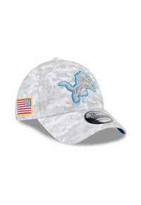 Grau digitale Camouflage-Baseballmütze mit einem gestickten Löwenlogo in Blau und einem kleinen USA-Flaggen-Patch. Strukturierter Schirm und gebogener Visor.