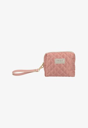 Gepolsterte pinke Armtasche mit weißen diagonalen Streifen, Reißverschluss und "Unique Accessories"-Etikett auf der Vorderseite.