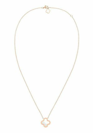 Delikatny złoty naszyjnik łańcuszkowy z małą zawieszką w kształcie koniczyny czterolistnej i pasującym zapięciem.