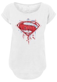 Hvit bomull T-skjorte med rund hals og rullede ermer, prydet med et rød og svart pikselert Superman-logo.
