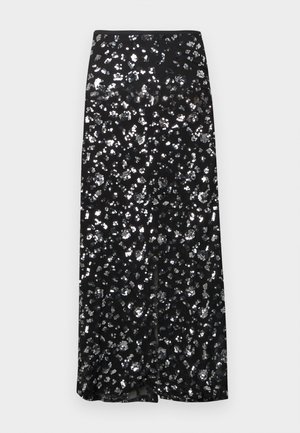 Czarna spódnica z wzorem ze srebrnych cekinów. Ma prosty krój i rozcięcie z przodu, tworząc błyszczącą teksturę.