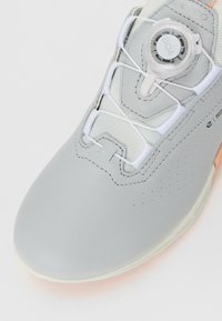 Nærbilde av lys grå sneakers med hvitt Boa-lisse-System og subtil merking på den glatte syntetiske overflaten.